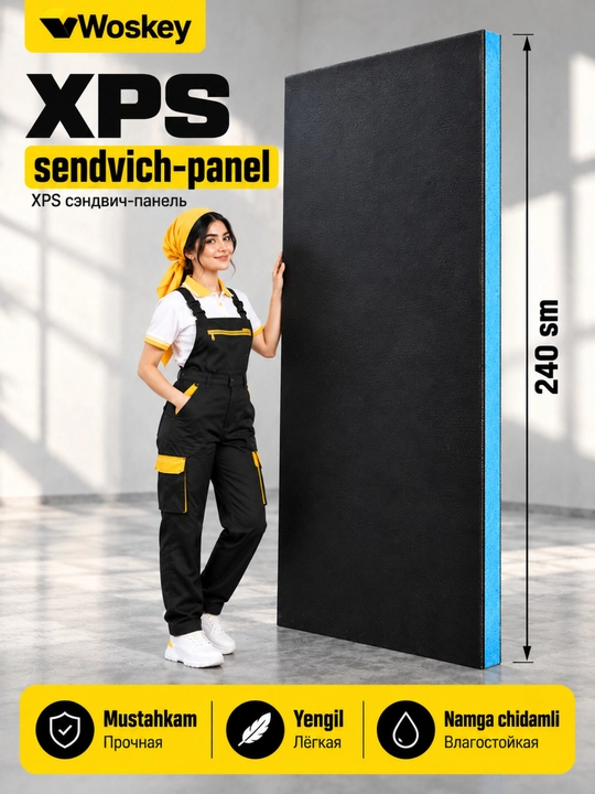 XPS sendvich-panel 240×120 sm, FRP shisha plastik qoplamali, 12–50 mm, WOSKEY - 