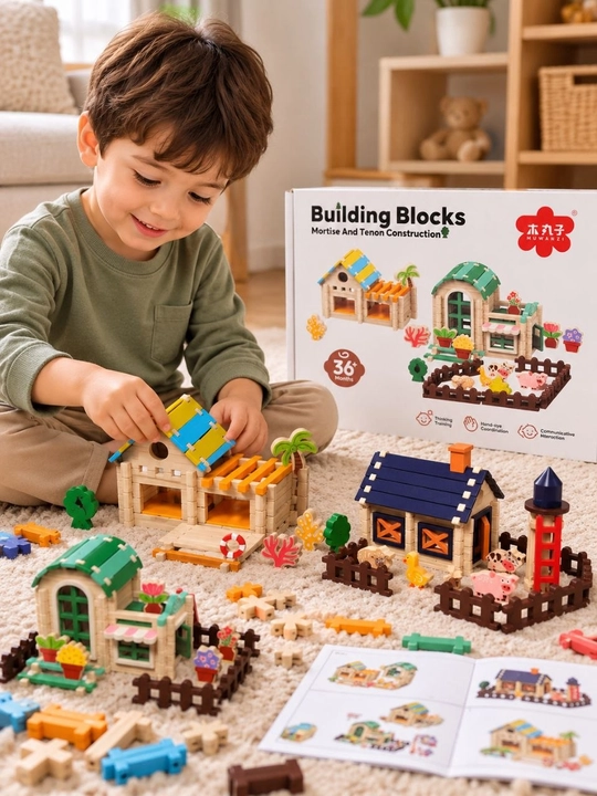 MUWANZI Building Blocks yog‘och konstruktori — uycha va ferma qurish to‘plami, 36+ oy