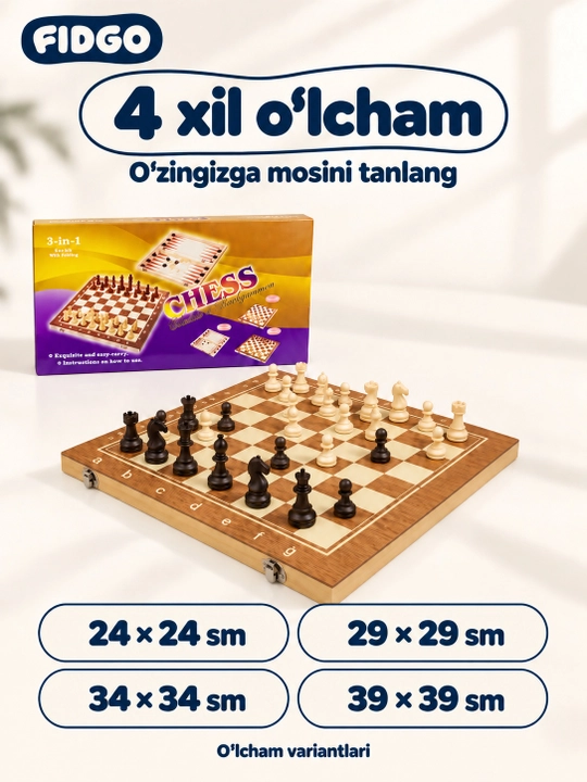FIDGO 3 tasi 1 da stol o‘yini: shaxmat, shashka va nard, yig‘iladigan taxta