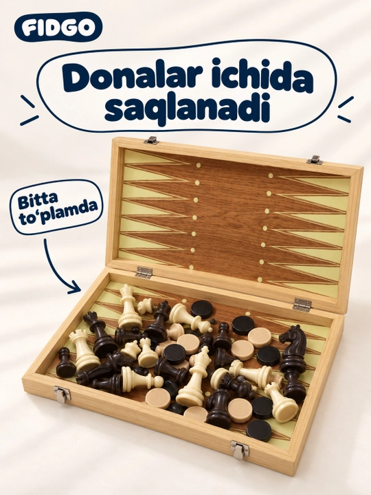 FIDGO 3 tasi 1 da stol o‘yini: shaxmat, shashka va nard, yig‘iladigan taxta