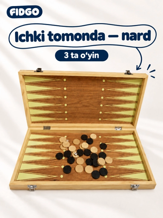 FIDGO 3 tasi 1 da stol o‘yini: shaxmat, shashka va nard, yig‘iladigan taxta