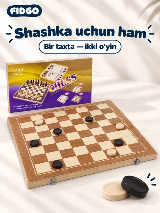 FIDGO 3 tasi 1 da stol o‘yini: shaxmat, shashka va nard, yig‘iladigan taxta