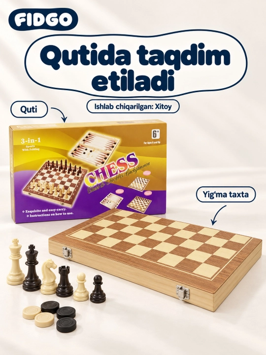 FIDGO 3 tasi 1 da stol o‘yini: shaxmat, shashka va nard, yig‘iladigan taxta