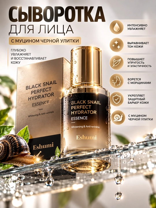 Eshumi Black Snail Perfect Hydrator Essence — qora salyangoz mutsini - 