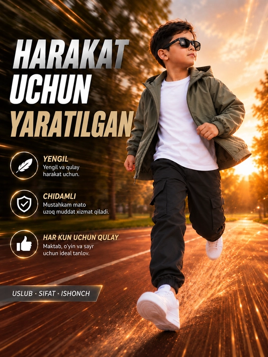 O‘g‘il bolalar uchun 3 tasi 1 da to‘plam, kapyushonli uzun yengli kurtka va kargo shim