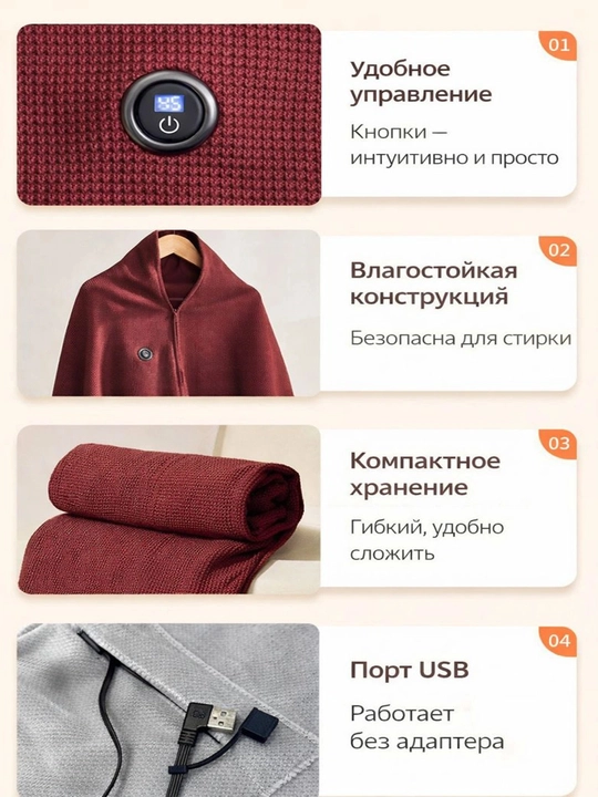 Теплое одеяло-пончо с подогревом от USB (35–45–55 °C), можно стирать