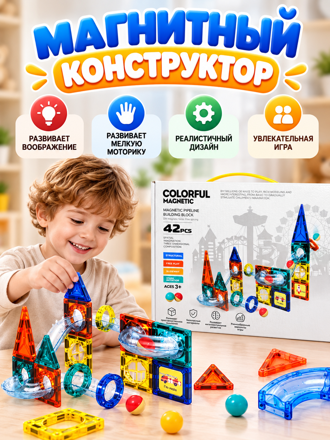 Магнитный конструктор COLORFUL MAGNETIC Magnetic Pipeline Building Block  42/97 деталей 3+