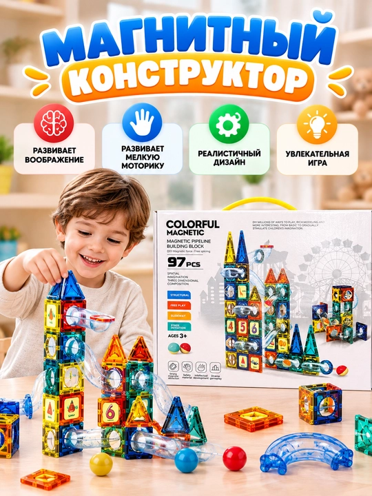 COLORFUL MAGNETIC magnitli konstruktor Magnetic Pipeline Building Block — 42/97 detal, 3+