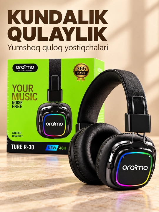 Oraimo TURE R-30 RGB yoritkichli stereo quloqchin, qora