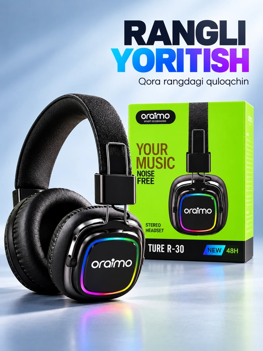 Oraimo TURE R-30 RGB yoritkichli stereo quloqchin, qora