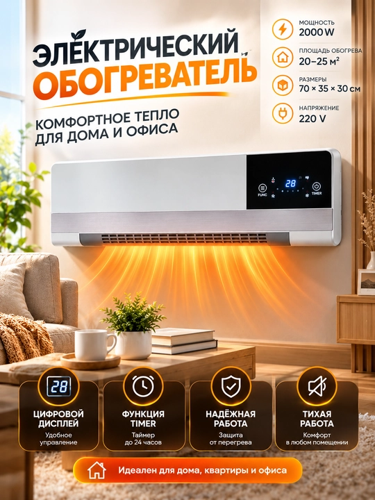 Настенный обогреватель, керамическим покрытием, 2200 Вт, с пультом - 