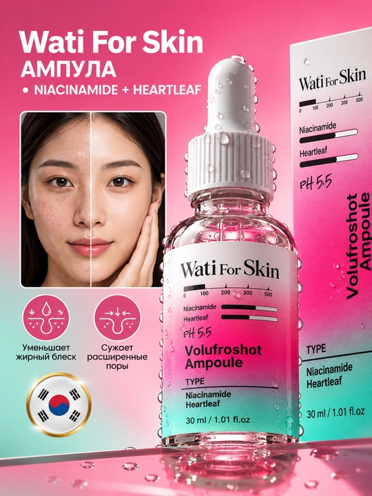 Wati For Skin Ниацинамид Сердцелистник, уход для жирной кожи и расширенных пор 30 мл - 
