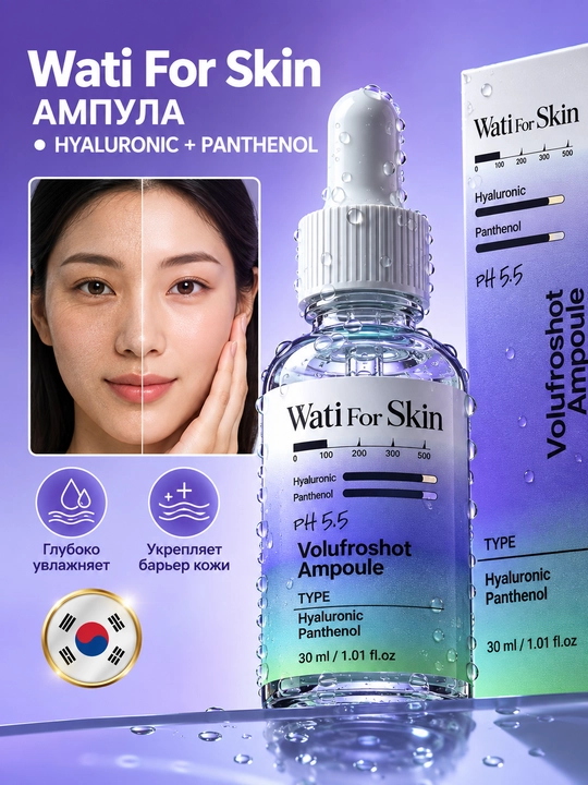 Увлажняющая ампула для лица Wati For Skin с гиалуронатом и пантенолом, 30 мл - 
