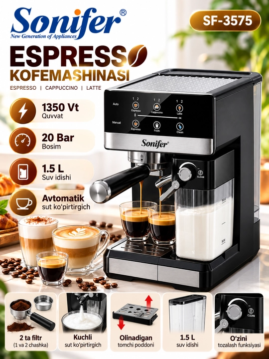 Kofe mashina, Sonifer SF-3575 avtomatik espresso, 1350 Vt, 20 Bar, 1.5 L - 
