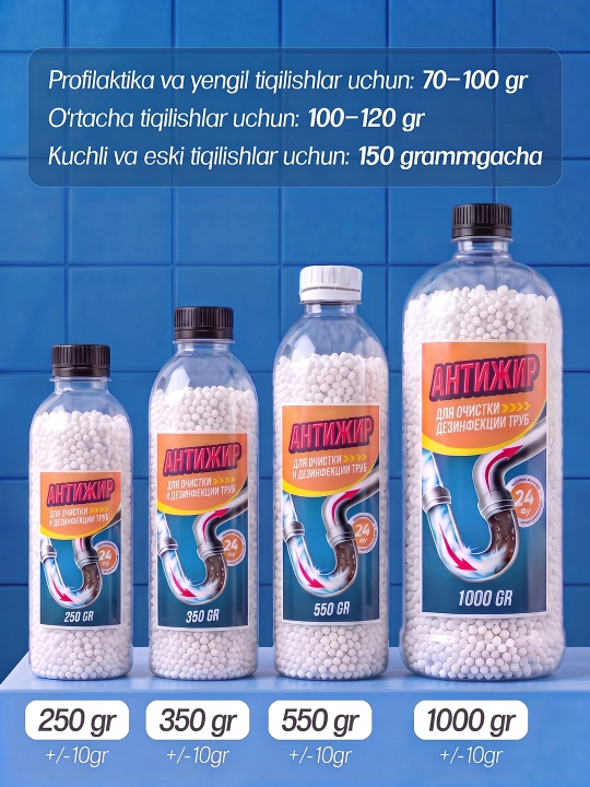 Гранулы АНТИЖИР для очистки и дезинфекции труб, 250, 350, 550, 1000 гр