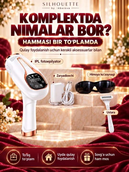 IPL fotoepilator yuz va tana tuklarini yo‘qotish, sovutish funksiyali, Akbarova Xonzoda