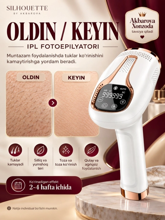 IPL fotoepilator yuz va tana tuklarini yo‘qotish, sovutish funksiyali, Akbarova Xonzoda