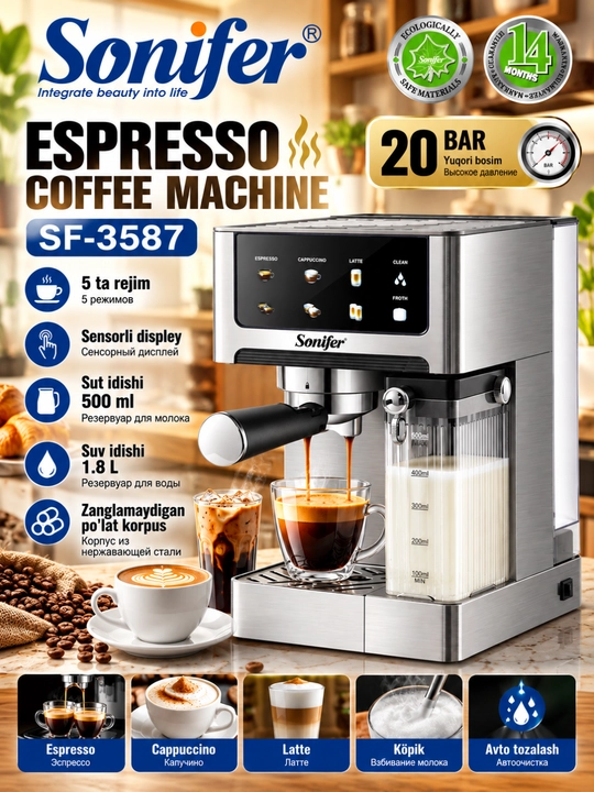 Espresso kofe mashinasi, Sonifer SF-3587, 20 bar, sensorli boshqaruv - 