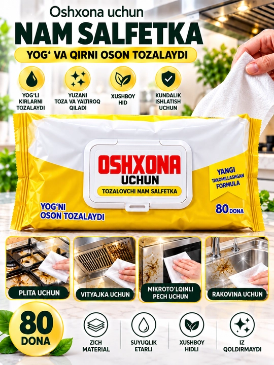 Влажные салфетки для кухни, чистящие от жира и грязи, 80 шт