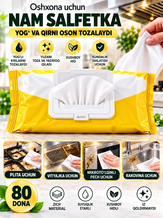Влажные салфетки для кухни, чистящие от жира и грязи, 80 шт