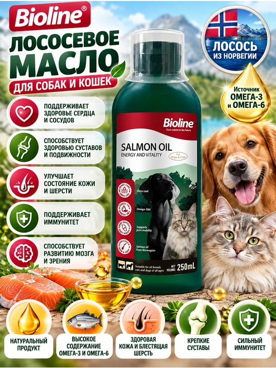 Масло лосося для кошек и собак, добавка в корм, 250 мл, Bioline
