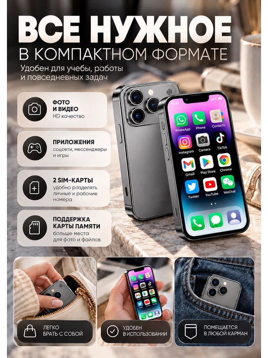 Mini sensorli ekranli telefon, mini smartfon, Android 12, 2/16 GB 4,5 dyuymli diagonal