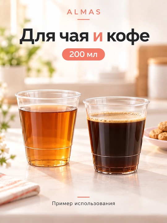 Bir martalik plastik stakan Almas 200 ml, shaffof, 10 dona