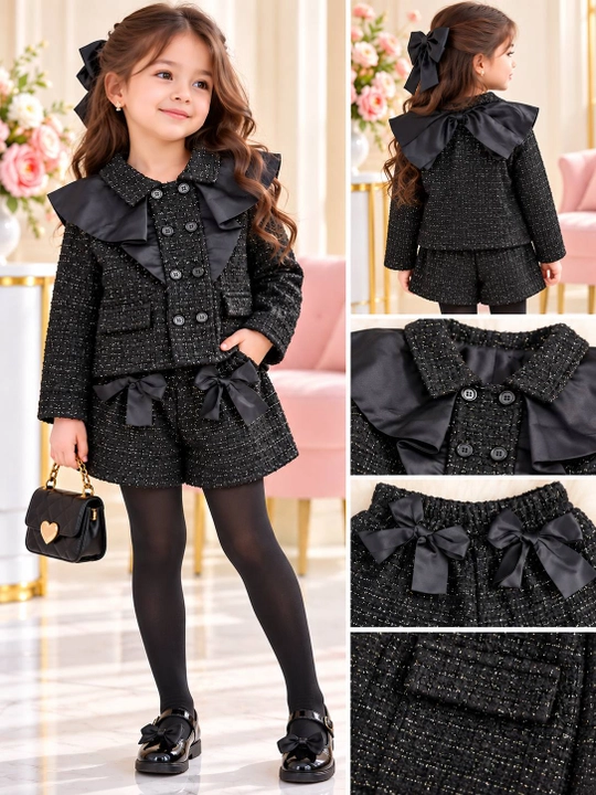 Qizlar uchun elegant qora kostyum to‘plami, jaket va shortik, 2 qismli - 