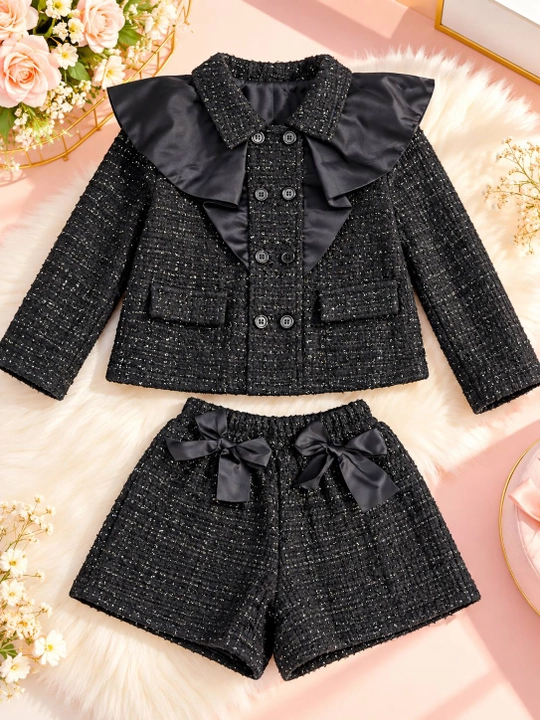 Qizlar uchun elegant qora kostyum to‘plami, jaket va shortik, 2 qismli