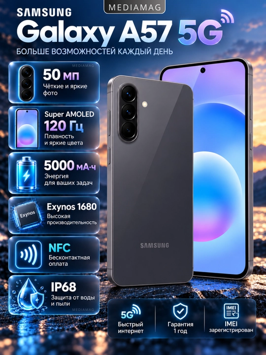 Smartfon Samsung Galaxy A57 5G, 50 MP kamera, Super AMOLED, 120 Gts, 5000 mAh - 
