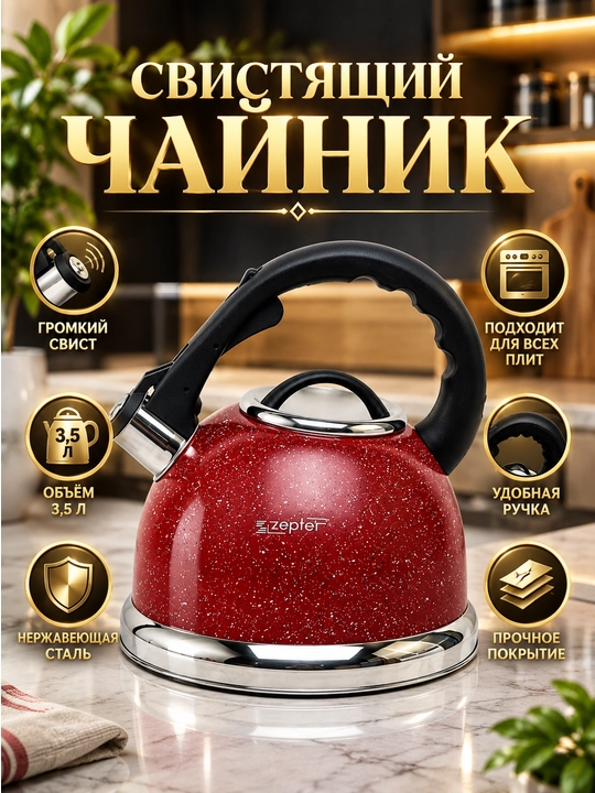 Чайник со свистком, для всех видов плит, металлический, индукция, 3.3 л - 