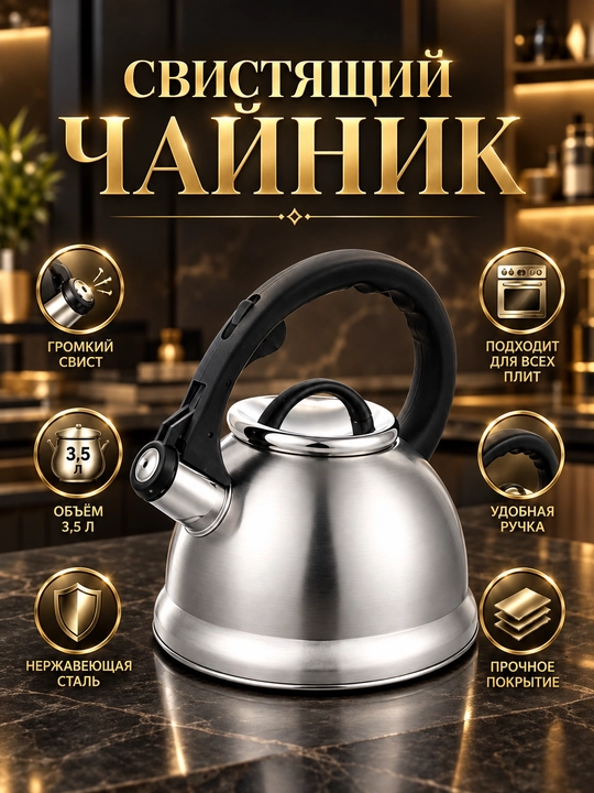 Чайник со свистком, для всех видов плит, металлический, индукция, 3.3 л - 