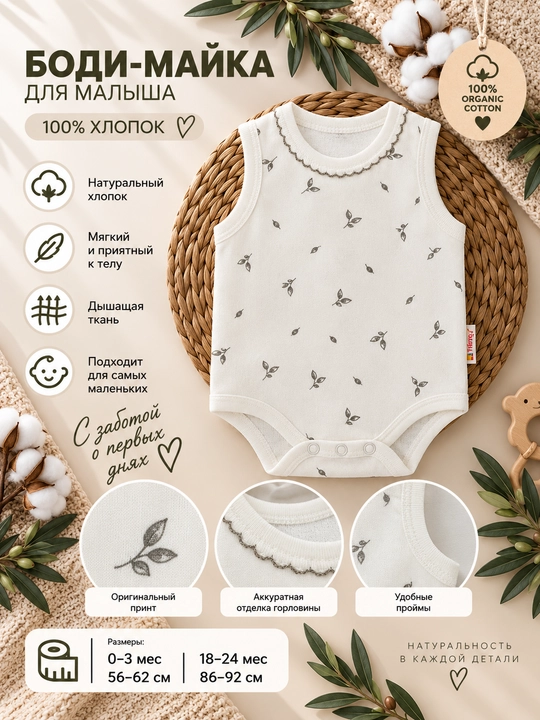 Tiffany Baby Olive Branch bolalar uchun yengsiz bodi, shoxchalar printli, ekru - 