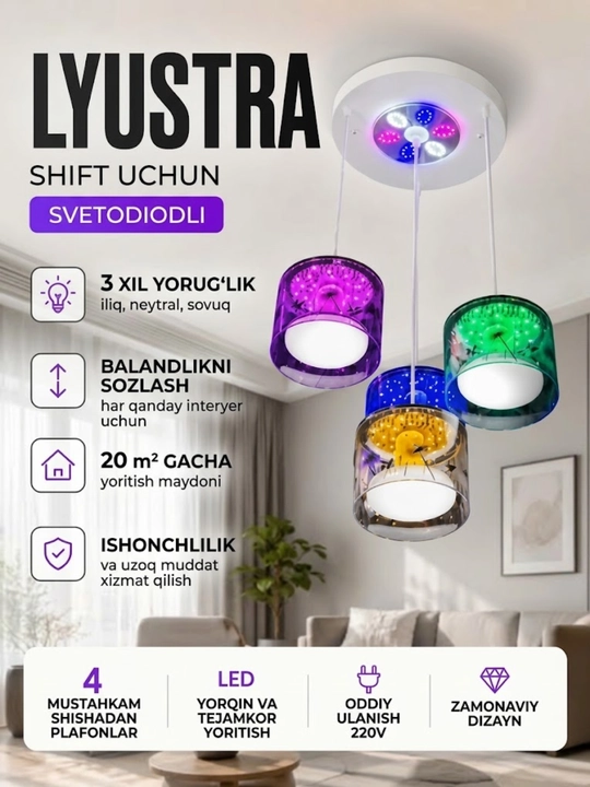 4 plafonli LED osma lyustra, zamonaviy shift lyustrasi, 3 xil yorug‘lik rejimi - 
