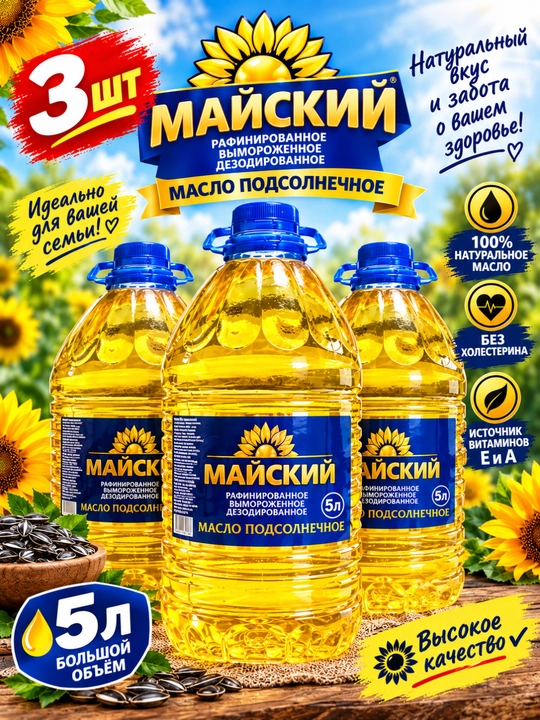 Подсолнечное масло Mayskiy рафинированное 5л комплект 3шт,растительное масло для кулинарии - 