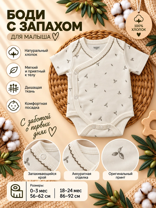 Tiffany Baby bolalar uchun zaytun novdalari naqshli paxtali bodi, ekryu - 