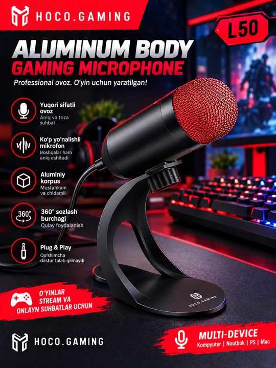 Игровой микрофон HOCO L50, USB Type-C, RGB-подсветка, шумоподавление, отключение звука одной кнопкой