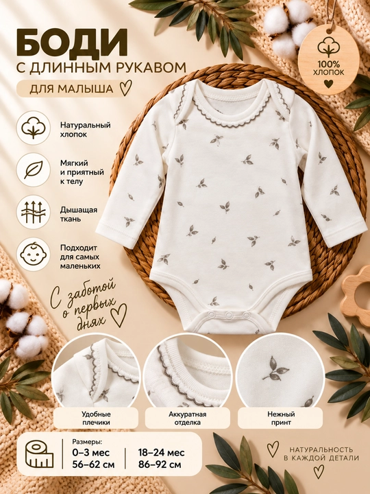 Tiffany Baby bolalar uchun zaytun novdalari naqshli, uzun yengli paxtali bodi, ekryu - 