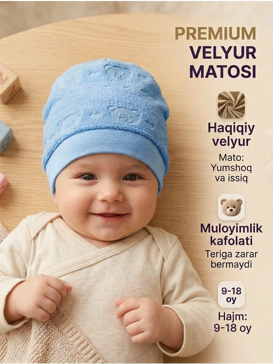 Go'daklar va chaqaloqlar uchun yumshoq velyur qalpoqcha - 