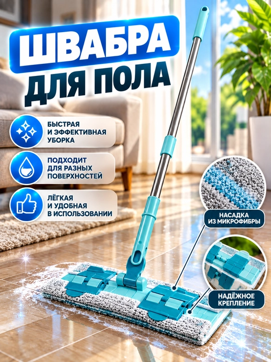Швабра для пола с насадкой из микрофибры и с телескопической ручкой - 