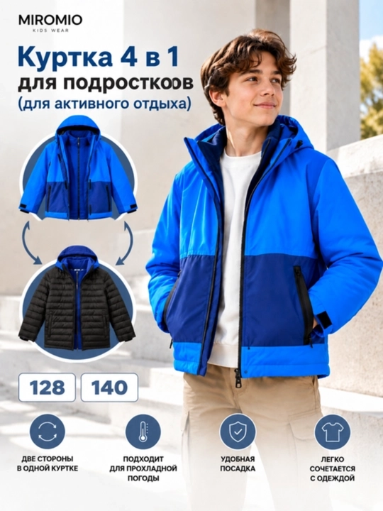 Куртка 4-в-1 для подростков, для активного отдыха - 