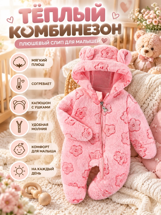 Теплый комбинезон плюшевый, слип, боди, теплый слип для малышей - 