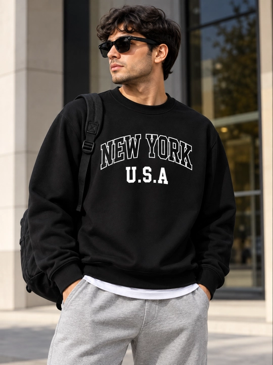 Erkaklar uchun oversize svitshot BROOKLYN NEW YORK, qora rangli uzun yengli sweatshirt
