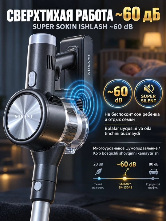 Simsiz changyutgich 2-in-1 SOKANY SK-13042, 2200W, 12kPa, jim, uy va avtomobil uchun