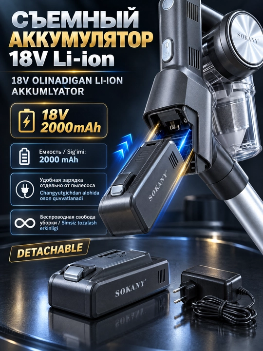Simsiz changyutgich 2-in-1 SOKANY SK-13042, 2200W, 12kPa, jim, uy va avtomobil uchun