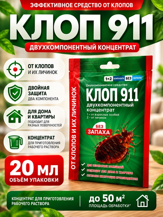 Klop 911 qandala va lichinkalarga qarshi vosita, ikki komponentli konsentrat, hidsiz - 