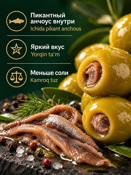 Оливки ITLV зелёные фаршированные анчоусами, 314 мл