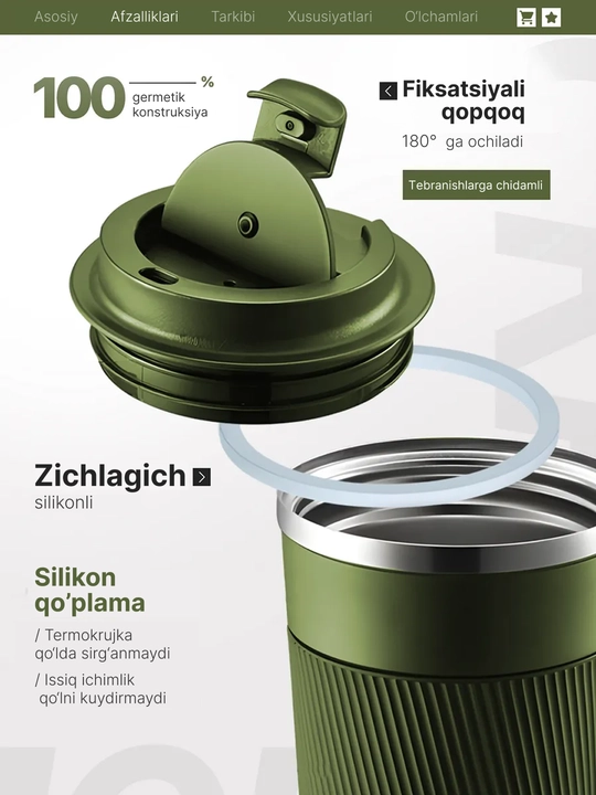 Termokrujka qahva uchun, termostakan, 510 ml, germetik, SUS304 zanglamaydigan po‘lat