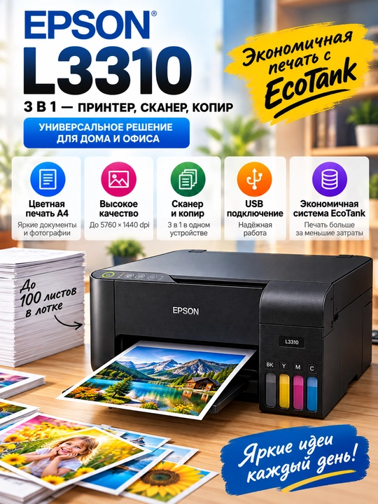 Epson L3310 цветное МФУ, принтер, сканер и копир, EcoTank, A4, USB