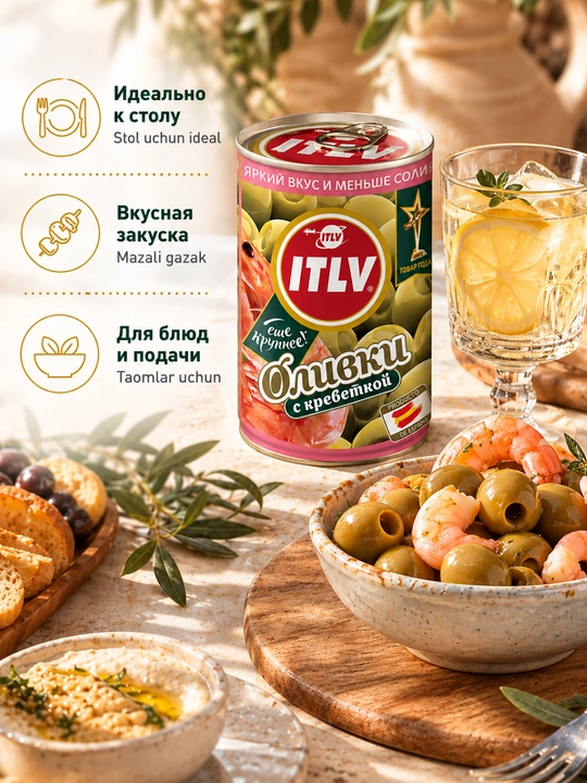 Оливки ITLV зелёные фаршированные креветками, 314 мл